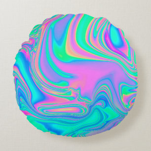 Iridescent marbled holographic texture in vibrant  round cushion