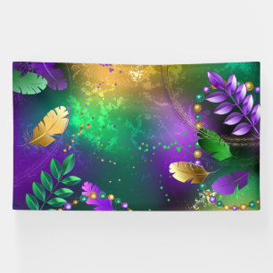 Iridescent mardi gras background with beads banner