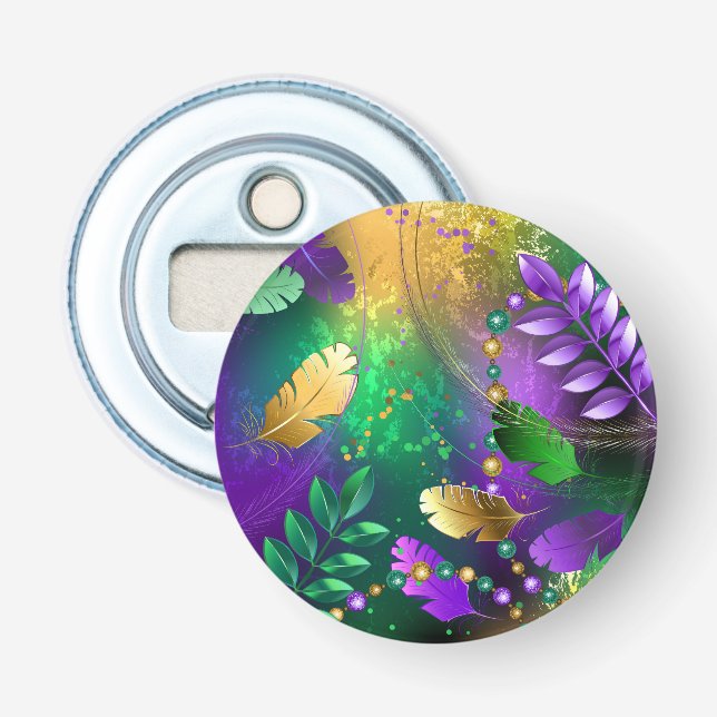 Iridescent mardi gras background with beads bottle opener (Front)