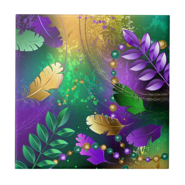 Iridescent mardi gras background with beads ceramic tile (Front)