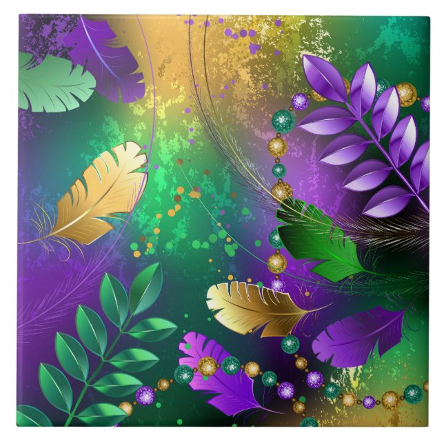 Iridescent mardi gras background with beads ceramic tile (Front)