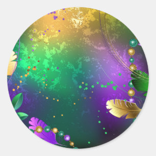 Iridescent mardi gras background with beads classic round sticker