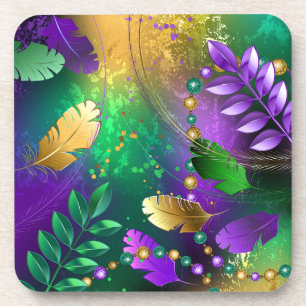 Iridescent mardi gras background with beads coaster