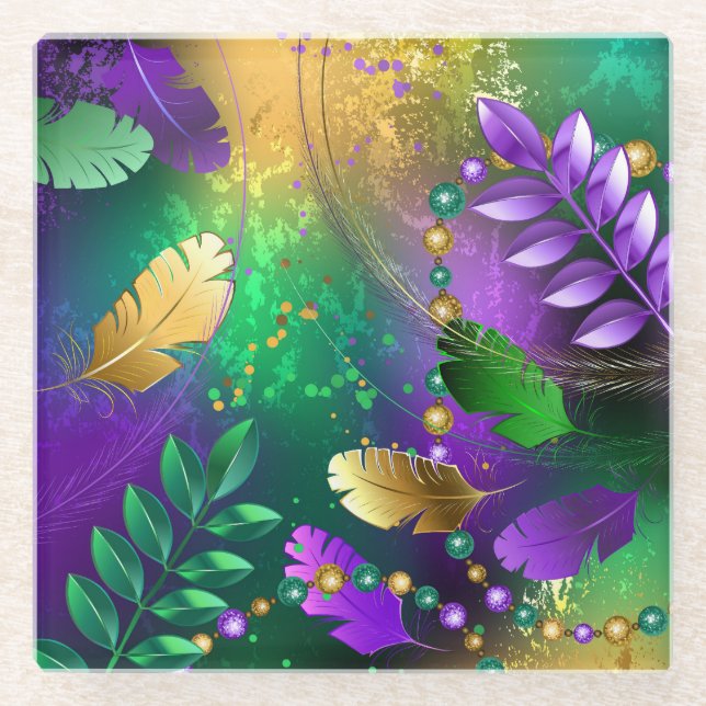Iridescent mardi gras background with beads glass coaster (Front)
