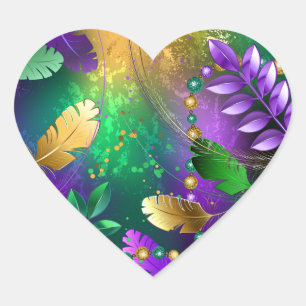 Iridescent mardi gras background with beads heart sticker