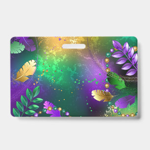 Iridescent mardi gras background with beads ID badge