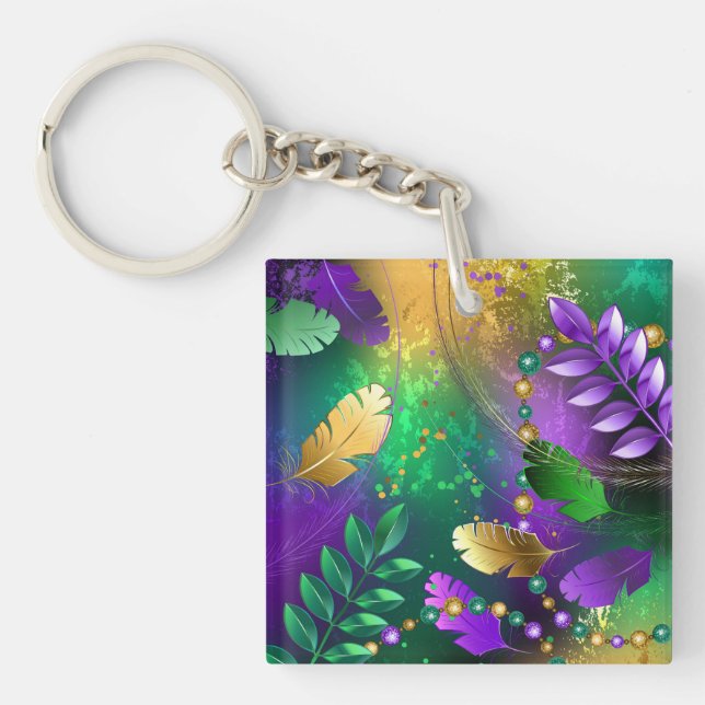 Iridescent mardi gras background with beads key ring (Front)