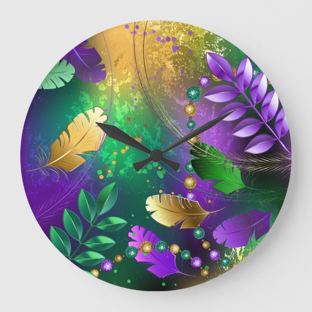 Iridescent mardi gras background with beads large clock (Front)