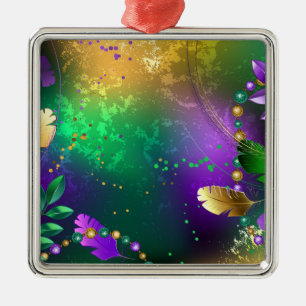 Iridescent mardi gras background with beads metal ornament