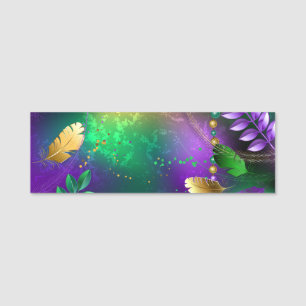 Iridescent mardi gras background with beads name tag