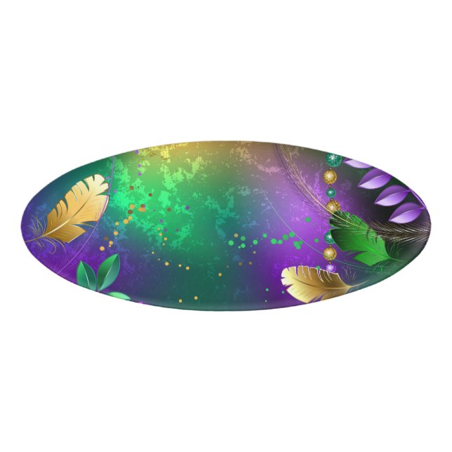 Iridescent mardi gras background with beads name tag (Front)