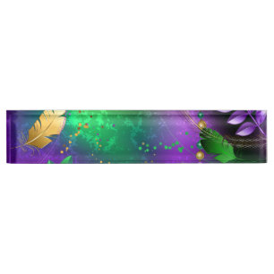 Iridescent mardi gras background with beads nameplate