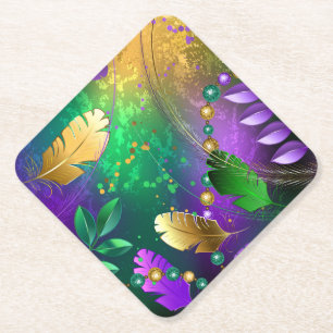 Iridescent mardi gras background with beads paper coaster