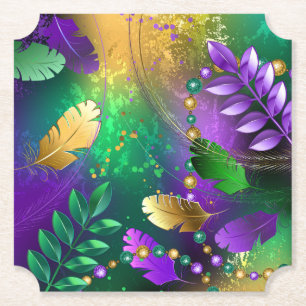 Iridescent mardi gras background with beads paper coaster