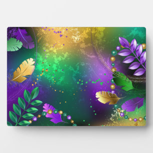 Iridescent mardi gras background with beads plaque