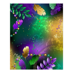 Iridescent mardi gras background with beads poster