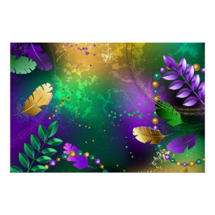 Iridescent mardi gras background with beads poster