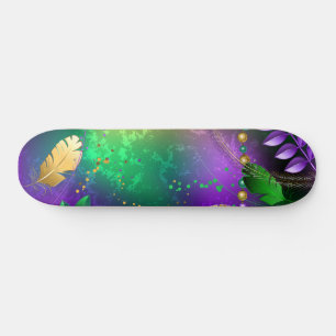 Iridescent mardi gras background with beads skateboard