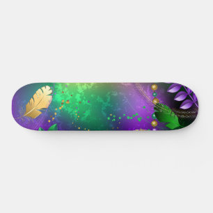 Iridescent mardi gras background with beads skateboard