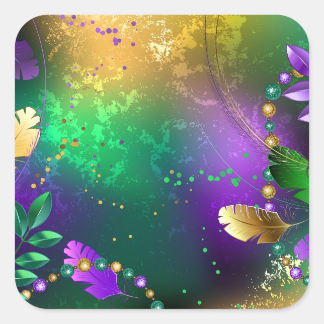 Iridescent mardi gras background with beads square sticker (Front)