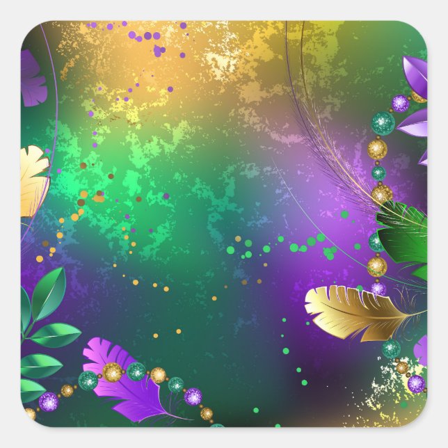 Iridescent mardi gras background with beads square sticker (Front)