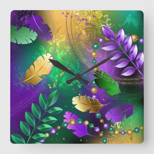 Iridescent mardi gras background with beads square wall clock (Front)