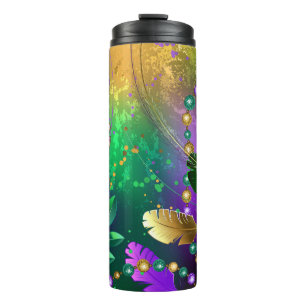 Iridescent mardi gras background with beads thermal tumbler