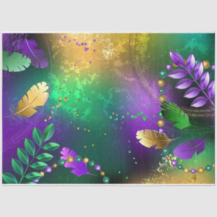 Iridescent mardi gras background with beads tissue paper