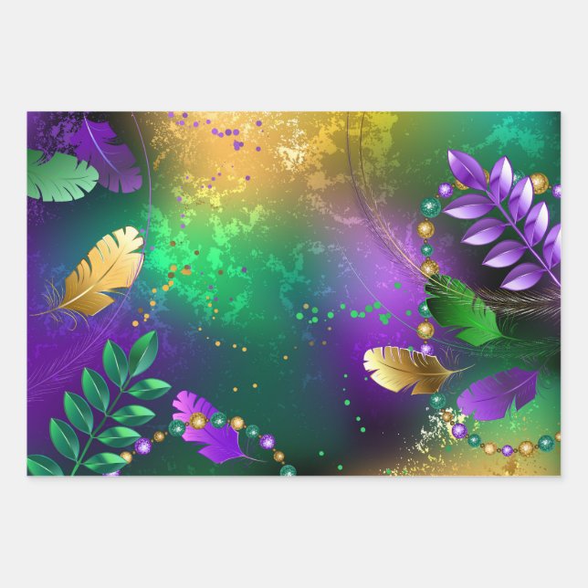 Iridescent mardi gras background with beads wrapping paper sheet (Front)