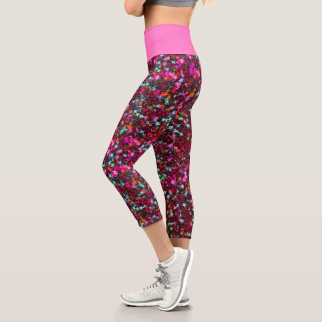 Iridescent Maroon Star Glitters Capri Leggings (Left)
