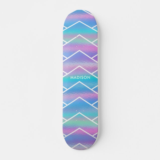 Iridescent Modern Girly Pink Blue Personalised Ska Skateboard (Front)