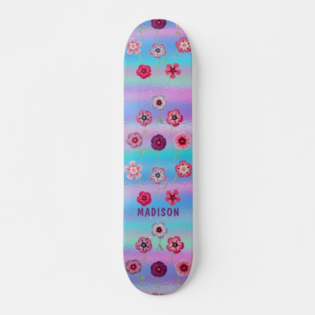 Iridescent Modern Girly Pink Purple Flowers Name Skateboard (Front)