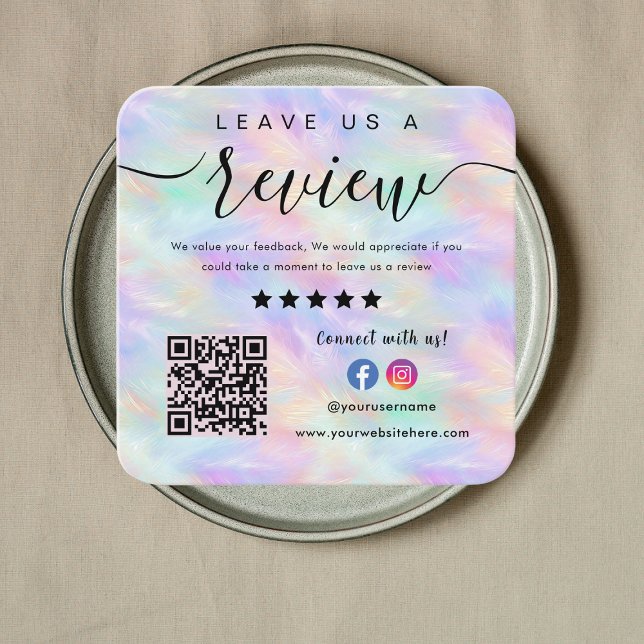 Iridescent Opal Stylish Qr Code Leave Us A Review Square Business Card (Creator Uploaded)