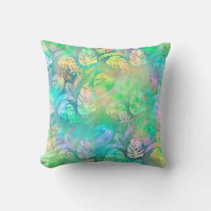 Iridescent Pastel Pink Purple Blue Tropical Leaves Cushion