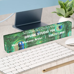 Iridescent Peacock Feathers for Beauty Salon Nameplate