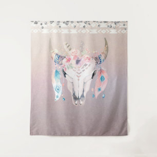 Iridescent Pearl Boho Chic Skull Glam Floral Horns Tapestry