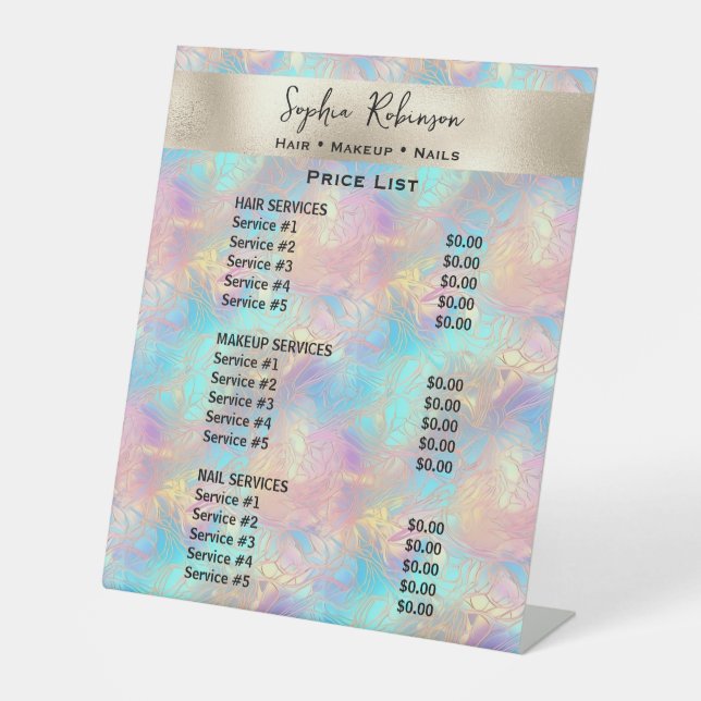 Iridescent & Pearl Foil Beauty Salon Price List Pedestal Sign (Front)