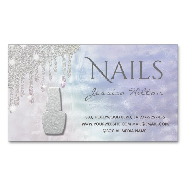 Iridescent pearl  glittery drips Nail salon Magnetic Business Card (Front)