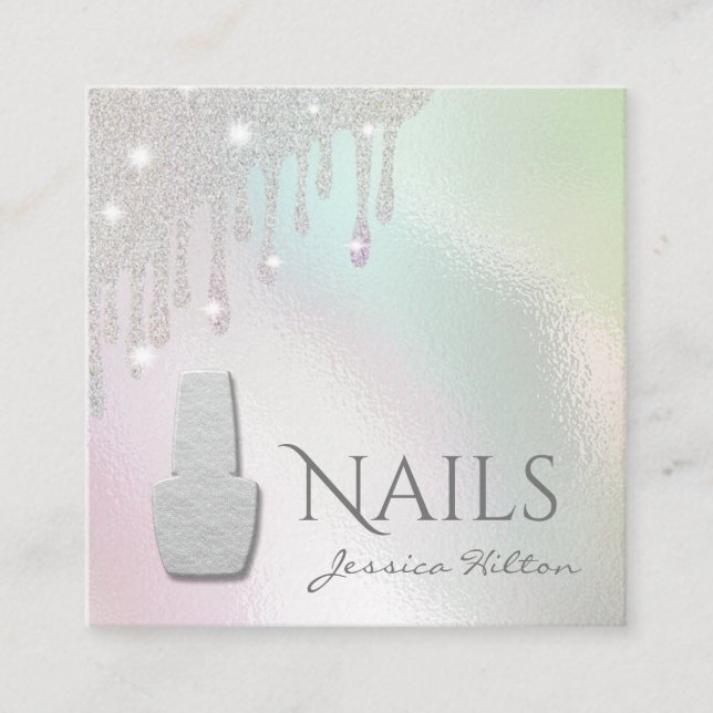 Iridescent pearl  glittery drips Nail salon Square Business Card (Front)