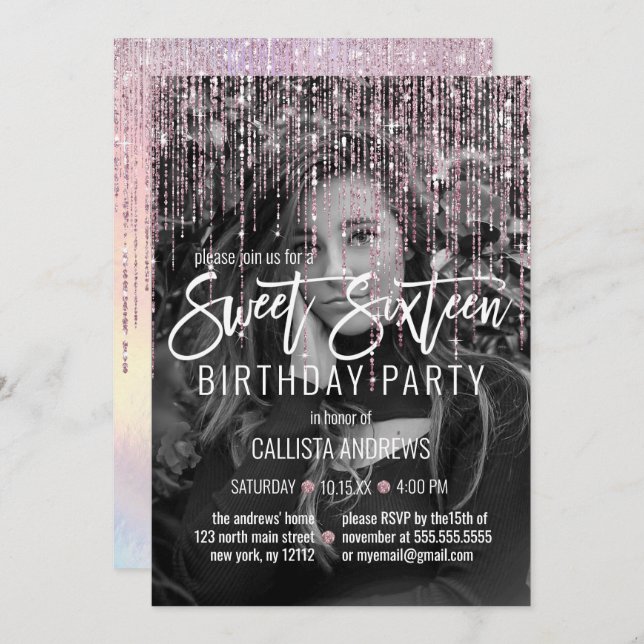 Iridescent Pink Glitter Fringe Photo Sweet 16 Invitation (Front/Back)