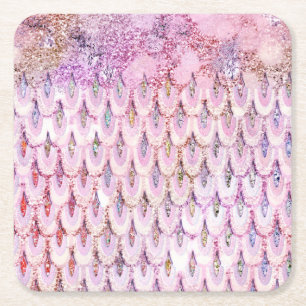 Iridescent pink Glitter Mermaid Fish Scales Square Paper Coaster