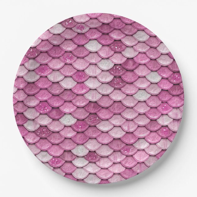 Iridescent Pink Glitter Shiny Mermaid Fish Scales Paper Plate (Front)