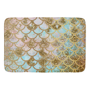 Iridescent Pink Gold Glitter Mermaid Fish Scales Bath Mat