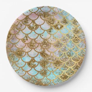 Iridescent Pink Gold Glitter Mermaid Fish Scales Paper Plate
