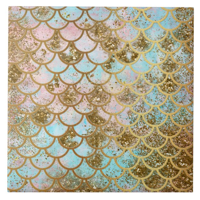 Iridescent Pink Gold Glitter Mermaid Fish Scales Tile (Front)