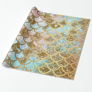 Iridescent Pink Gold Glitter Mermaid Fish Scales Wrapping Paper