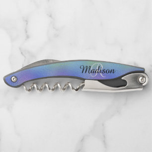 Iridescent Pretty Blue Colourful Monogram Corkscrew