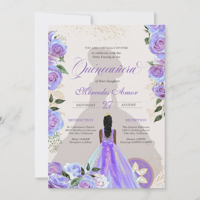 Iridescent Purple Blue Fancy Charro Quinceanera Invitation (Front)