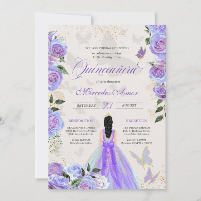 Iridescent Purple Butterflies Mariposa Quinceanera Invitation (Front)