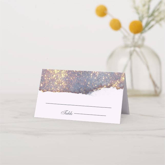 Iridescent Purple Gold Glitter Wedding Place Card (Front)